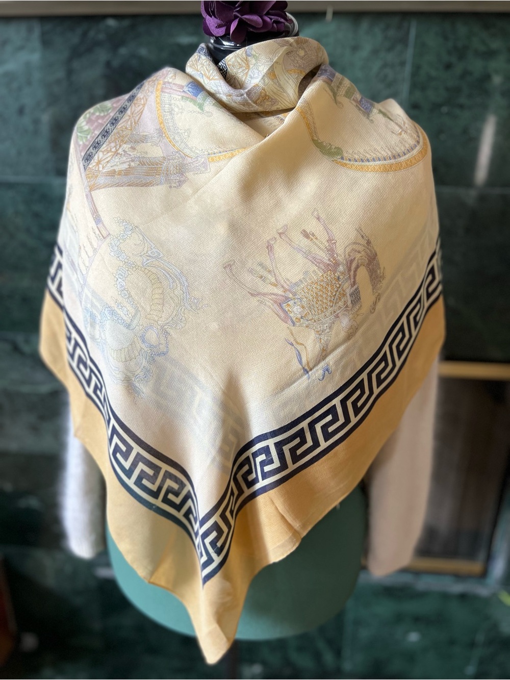 Vintage Luxury 100% Silk Square Scarf Greek Key Meander Border Shawl Neck Wrap